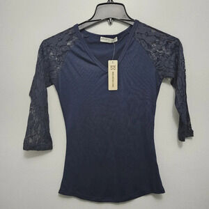 Melrose chic women's top blouse mix media lace sleeve navy blue size S